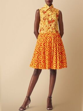 Eliza Christoph Shiro Orange Mixed Print Cotton Poplin Sleeveless Shirtdress SM